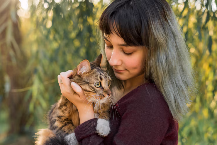 Kvinna med sin katt i parken